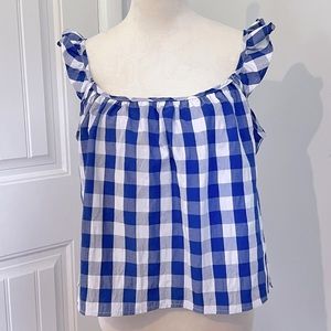 Blue Checkered Ruffle Sleeve Top